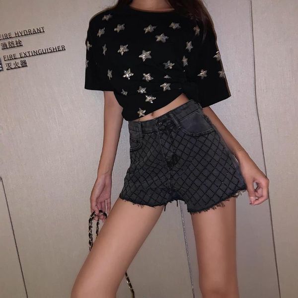 

джинсы женская мода 2020 летняя корейская версия горячего страза высокая талия была тонкой дикие джинсовые шорты женские горячие брюки, Blue