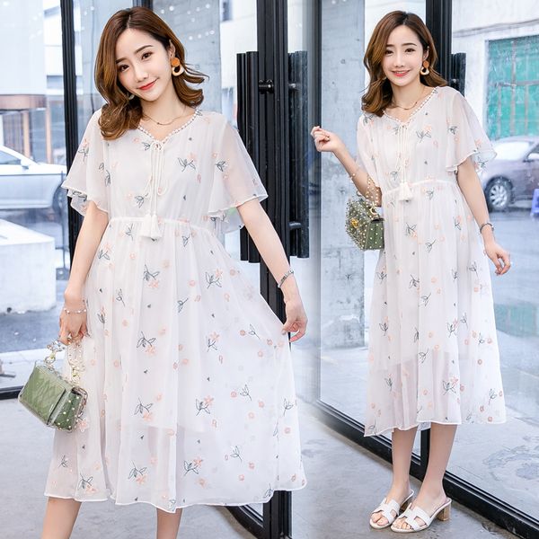 

1812# maternity clothes summer chiffon embroidery short sleeve loose stylish dress for pregnant women mom dress, White