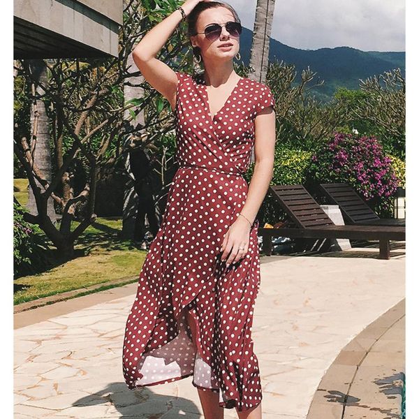 

casual dresses v-neck polka dot chiffon dress women summer bohemian split irregular short sleeve female beach maxi 2021 vestido, Black;gray