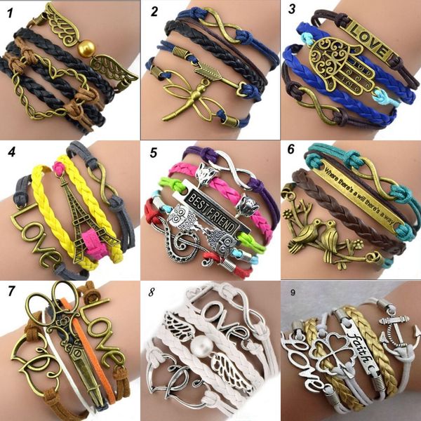 

37 designs leather bracelet antique cross love peach heart owl bird believe pearl knitting bronze charm bracelets dhl ing
