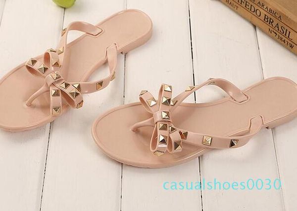 

new 2018 woman summer sandals rivets big bowknot flip flops beach sandalias femininas flat jelly designers sandals c30, Black