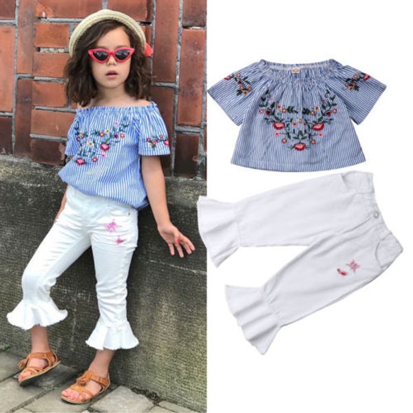 

2019 new toddler infant denim pants set off shoudler embroidery flowers shirt stripes crop white bell bottom pants outfit