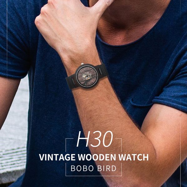

bobo bird wooden watches for men casual watch black cowhide leather strap with wooden box father's day gift c-h30, Slivery;brown