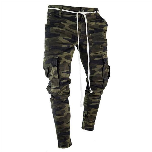 

men's multi-pocket calf jeans with camouflage ribbon on european and american sides, Black