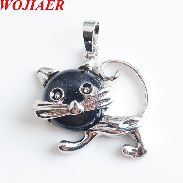 

wojiaer natural blue sand stone necklace & pendants for women girl cute cat shape beads reiki jewelry chain 18 inches dn8014, Silver