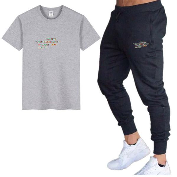 

mens sport designer 2pcs tracksuits solid color crew neck short sleeve homme clothing long pants loose casual apparel, Gray