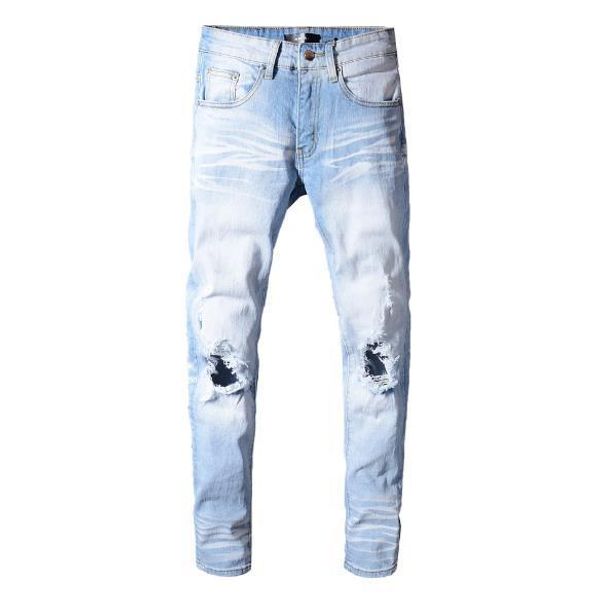 

luxury designer jeans brand high street fashion brand light color hole stretch slim mens jeans designer denim trousers, Blue