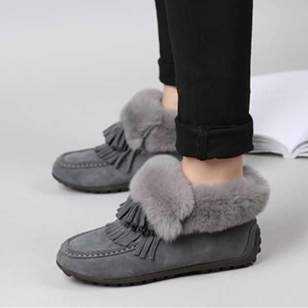 

women's snow boots 2018 winter genuine leather warm fur female boot ankle boots for women winter shoes fashion tassel woman boot, Black
