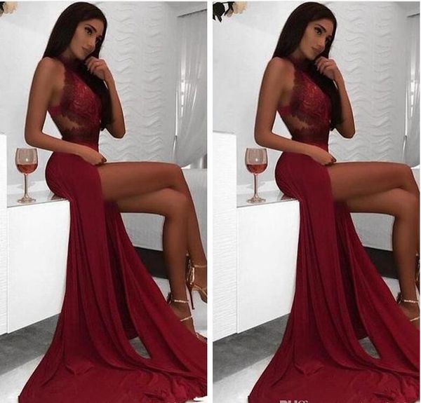 

burgundy mermaid prom dresses halter long 2018 lace applique high side split evening gowns chiffon formal party wear robe de soiree, Black