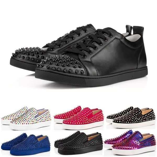 

Designer luxury fashion Brand Red Bottom Studded Spikes Flats shoes For Men Women black glitter Party Lovers casual Sneakers free shipping