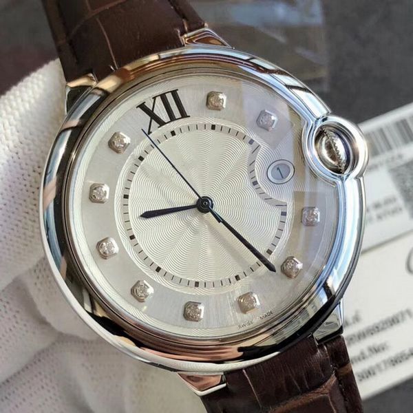 

3-контактный дата часы 36мм 42мм кварцевый механизм воздушного шара мужчины часы модель движения тик нержавеющей стали батареи часы 2133, Slivery;brown