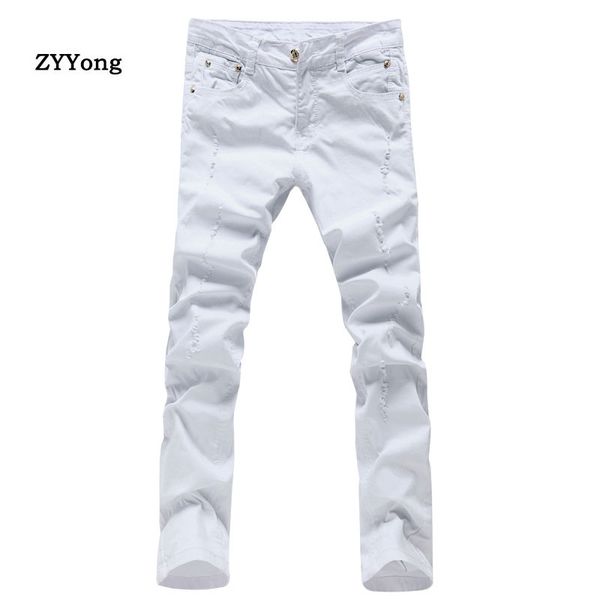 

new stretch white ripped denim jeans men straight pants streetwear fashion classic slim leisure red wine hole cowboy trousers, Blue