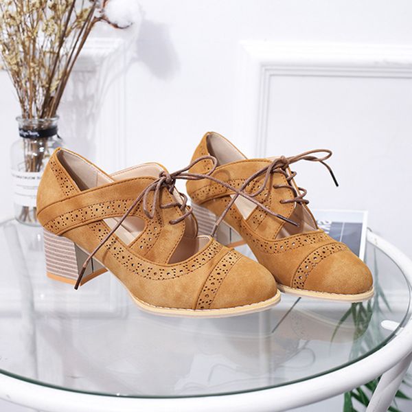 

women pumps 2020 woman high heels flock women's breathable vintage square heels ladies hollow out lace up female shoes plus size, Black