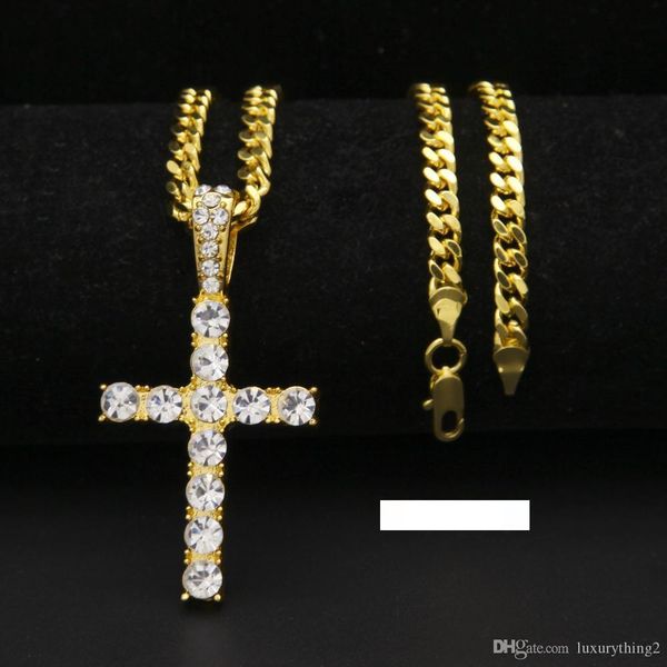 

hip hop gold silver iced out bling cross pendant chains for mens jewelry with stainless steel cuban link twist chain necklace