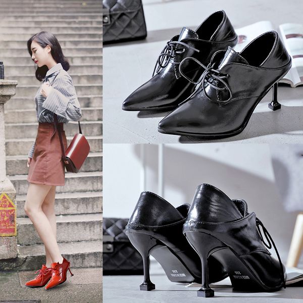 

european design all-match cat heel leather shoes women lace up high heels singles shoes ladies small fresh pumps women, Black