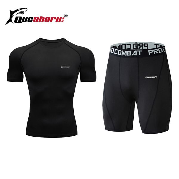 

queshrak training suits men sports running suit quick dry workout shirt jogging shorts gym sportswear 7 colors, White;black