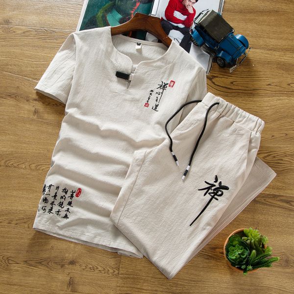 

zogaa 2019 summer and autumn new linen suit men's thin section cotton and linen short-sleeved t-shirt trousers plug size - 6xl, Gray