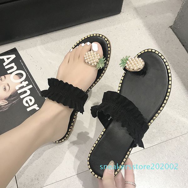 

women flats slippers summer casual flip flops flowers pearl woman flat shoes 35-43 plus size comfortable female beach sandals s02, Black