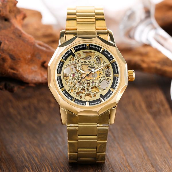 

fashion mens automatic mechanical watches stainless steel gold band watch for teenagers business watch mechanical for men, Slivery;brown