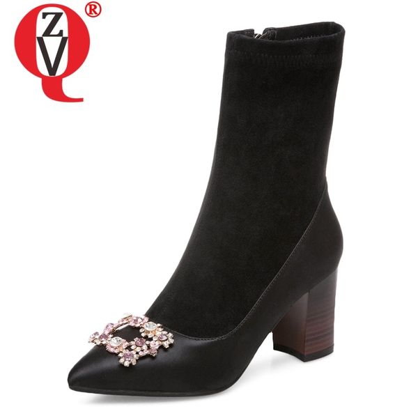 

zvq woman shoes winter new fashion pointed toe metal decoration silk mid calf boots outside high heels zip shoes drop shipping, Black