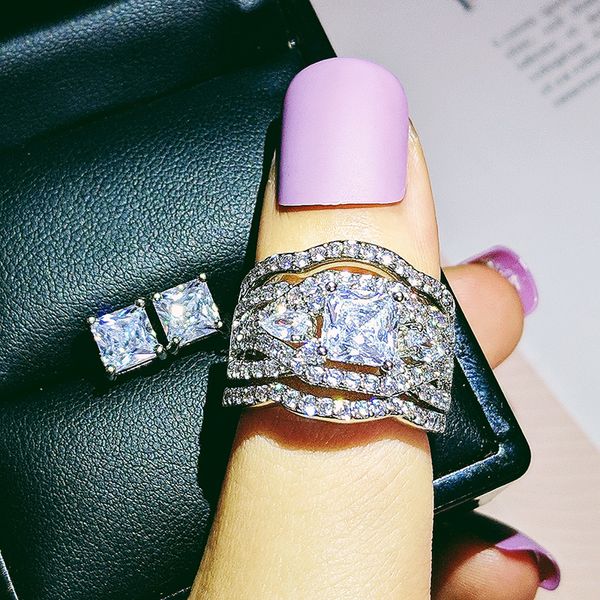 

925 sterling silver jewelry set halo engagement ring round stud earring for wedding christmas valentine's day gift party j5567