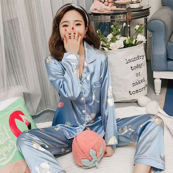 

women pajamas sets ice silk print pajama long sleeves turn-down collar pocket pant ladies home clothing suits plus size 4xl, Blue;gray
