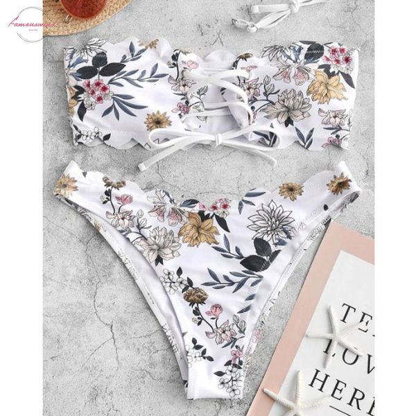 

bandeau bikinis 2020 bikini set floral women print swimsuit female beach wear swimming suit foe women bathing suit, White;black
