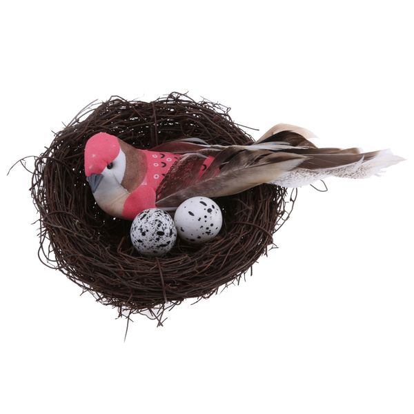 

straw artificial feather foam birds in nest with eggs simulation
