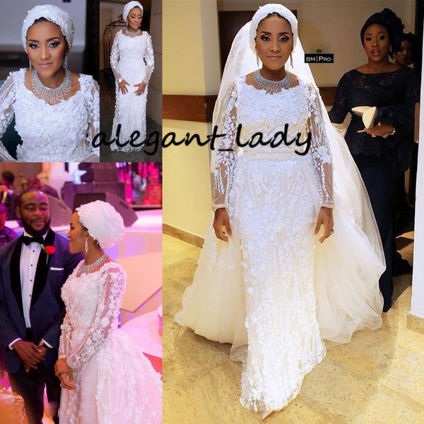 

nigerian african mermaid long sleeve wedding dresses with detachable train 2019 luxury 3d floral flower beaded muslim dubai wedding gown, White