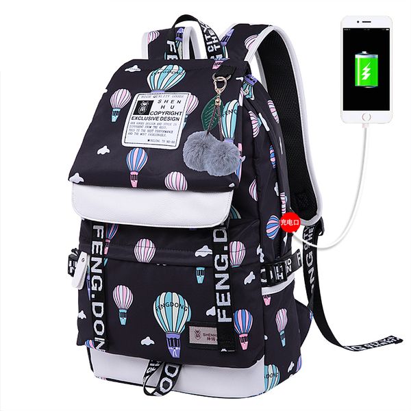 

female backpack fashion school backpack usb school bags for girls black backpack plusch ball girl schoolbag butterfly decoration y190530