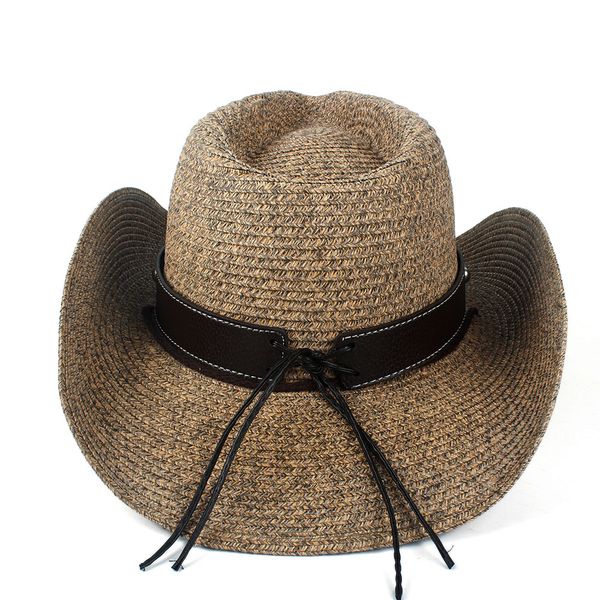 

new women men hollow western cowboy hat lady dad beach sombrero hombre straw panama cowgirl jazz sun cap size 56-58cm, Blue;gray