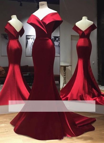 

2019 Real Photos Simple Red Satin Mermaid Prom Dresses Off-the-Shoulder Evening Gown Zipper Back Event Dresses Custom Made Sweep Train