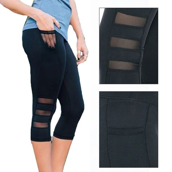 

fashion-calf length pants capri pant sport leggings women fitness yoga gym high waist legging girl black mesh 3/4 yoga pants women, Black;white