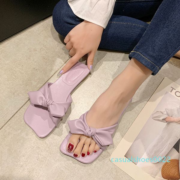 

sweet bow slippers women indoor home soft sole slides summer square toe slippers women candy colors flat slides 2020 new c22, Black