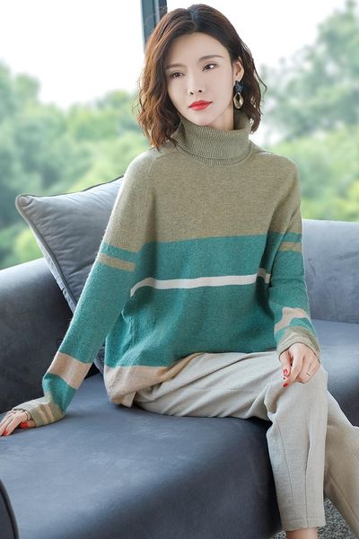 

spring autumn female fashion turtleneck patchwork color striped cashmere knit sweater elegant ladies high collar casual wool, White;black
