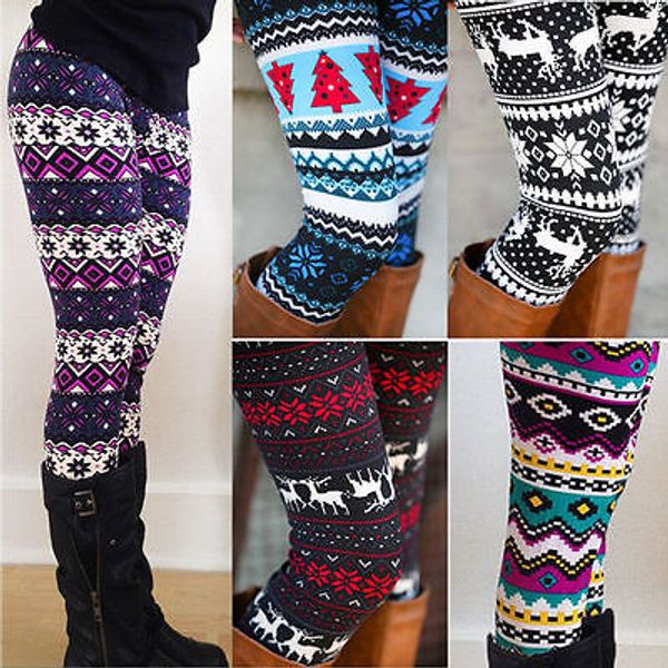 

ladies winter warm christmas snowflakes leggings cotton knit, Black