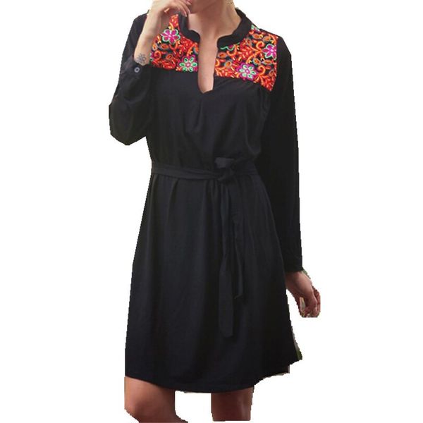 

casual dresses autumn floral print dress women long sleeve v neck ofiice work loose female blouse vestido, Black;gray