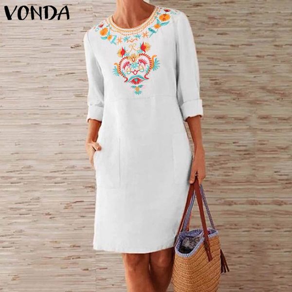 

vonda women beach sundress bohemian vintage printed dress 2019 elegant knee-length vestidos cotton casual robe femme plus size, Black;gray