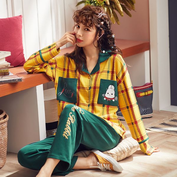

cotton women pajamas set autumn new thin cartoon printed long sleeve turn-down collar sleepwear casual homewear female pyjamas, Black;red