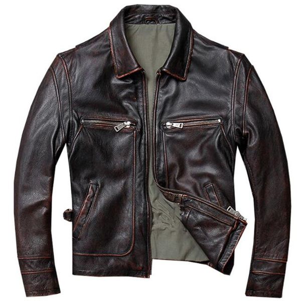 

genuine cowhide leather jacket men vintage brown black slim motorcycle brand clothing casual 100% cow leather coat