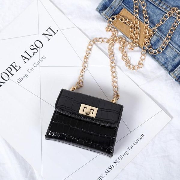 

baby girls mini princess purse 5 colors korean style kids sale metal chain shoulder bags childrens pu leather handbag, Black