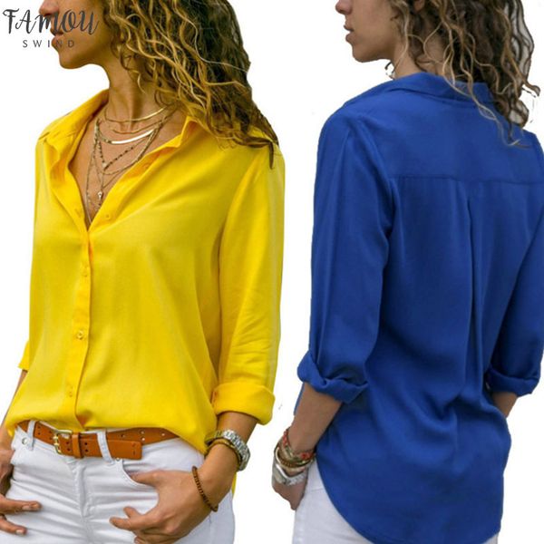 

spring autumn women chiffon v neck blouse shirts casual long sleeve solid ol female work wear elegant ladies blouse shirts plus size, White