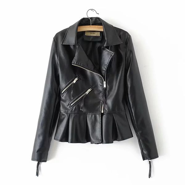 

klacwaya women ruffles pu leather jackets kl9822pt, Black