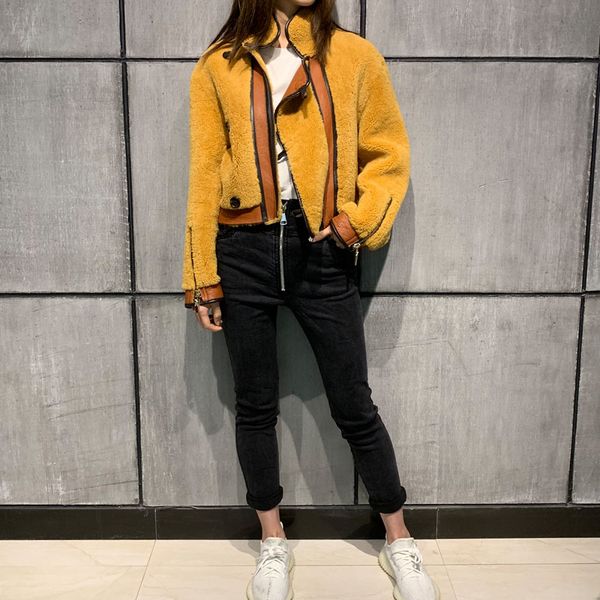 

ladies shearling jacket women suede jacket real lamb fur coat, Black