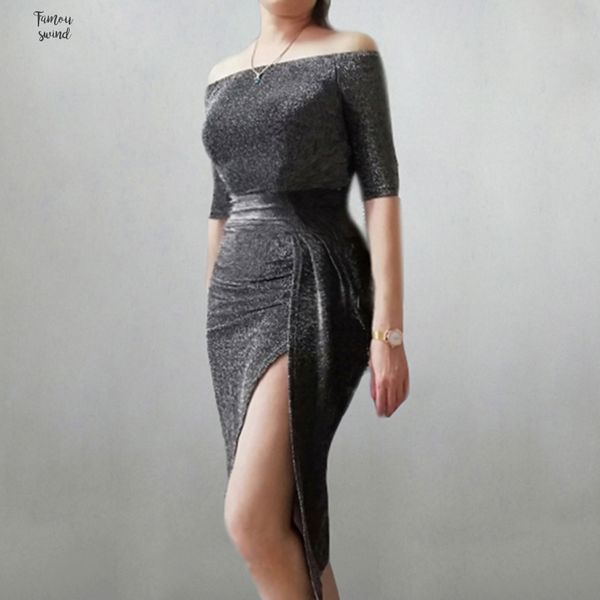 

2019 summer women dress slash neck package hip split sequin ladies party lantern sleeve night club mid calf dress, Black;gray
