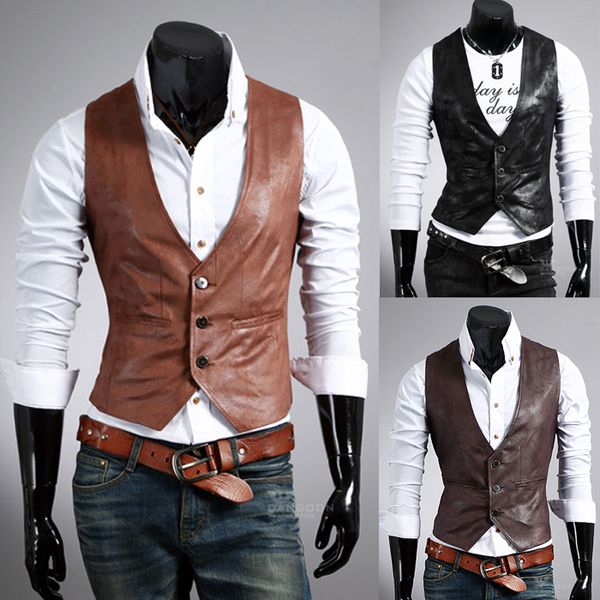 

men's slim vest sleeveless jacket casual fashion pu leather vests button open simple slim fit 80s vintage vests plus size 4xl, Black;white