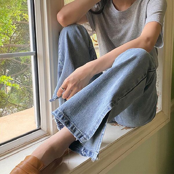 

spring women's jeans casual solid color high waist split straight jeans, Blue