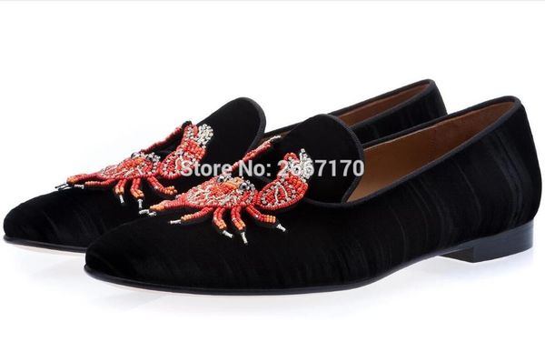 

distressed velvet slippers string bead flat shoes pattern loafers casual shoes men slip on casual loafers, Black