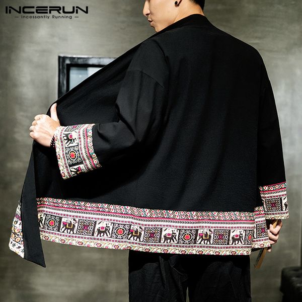 

sleeve autumn fashion kimono retro print mens patchwork incerun street cardigan long cotton casual men jackets outerwear coats ahmnu, Black