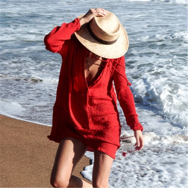 

deep v red human cotton wrinkled beach bikini blouse swimsuit beach lh80 holiday skirt bikini holiday skirt, White;black